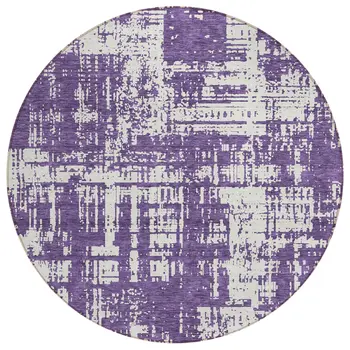 8' Purple And Ivory Round Abstract Washable Indoor Outdoor Area Rug