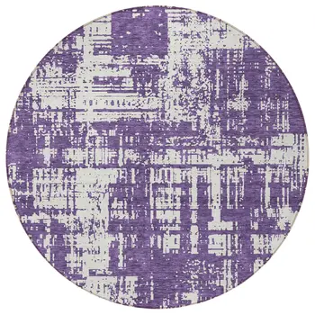 8' Purple And Ivory Round Abstract Washable Indoor Outdoor Area Rug