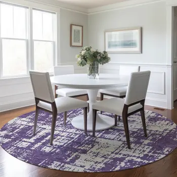 8' Purple And Ivory Round Abstract Washable Indoor Outdoor Area Rug