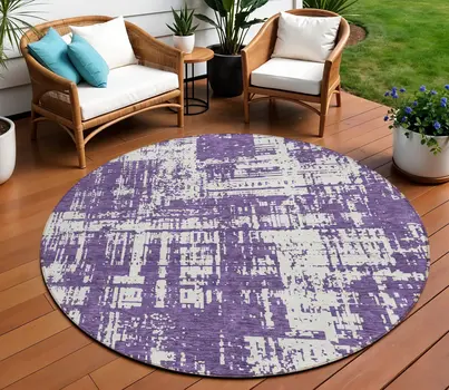 8' Purple And Ivory Round Abstract Washable Indoor Outdoor Area Rug