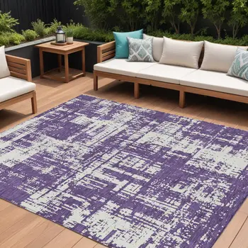9' X 12' Purple And Ivory Abstract Washable Indoor Outdoor Area Rug