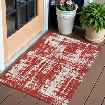 3' X 5' Red And Ivory Abstract Washable Indoor Outdoor Area Rug