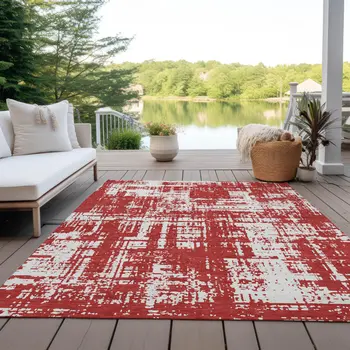3' X 5' Red And Ivory Abstract Washable Indoor Outdoor Area Rug