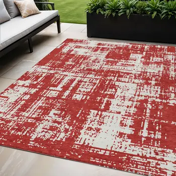 5' X 8' Red And Ivory Abstract Washable Indoor Outdoor Area Rug