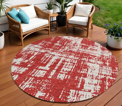 8' Red And Ivory Round Abstract Washable Indoor Outdoor Area Rug