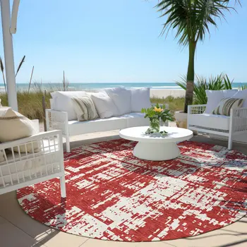 8' Red And Ivory Round Abstract Washable Indoor Outdoor Area Rug