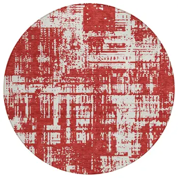8' Red And Ivory Round Abstract Washable Indoor Outdoor Area Rug