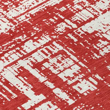 8' Red And Ivory Round Abstract Washable Indoor Outdoor Area Rug
