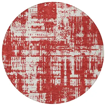 8' Red And Ivory Round Abstract Washable Indoor Outdoor Area Rug
