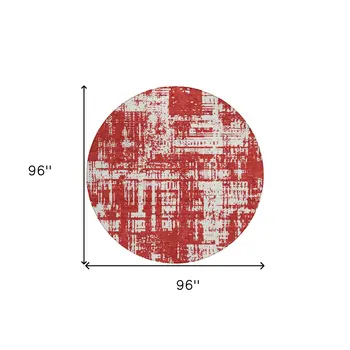 8' Red And Ivory Round Abstract Washable Indoor Outdoor Area Rug