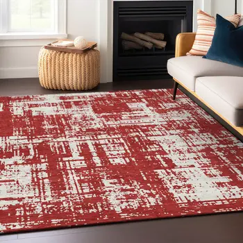 9' X 12' Red And Ivory Abstract Washable Indoor Outdoor Area Rug