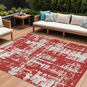 10' X 14' Red And Ivory Abstract Washable Indoor Outdoor Area Rug