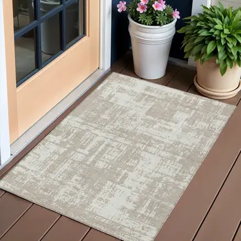 3' X 5' Taupe And Ivory Abstract Washable Indoor Outdoor Area Rug