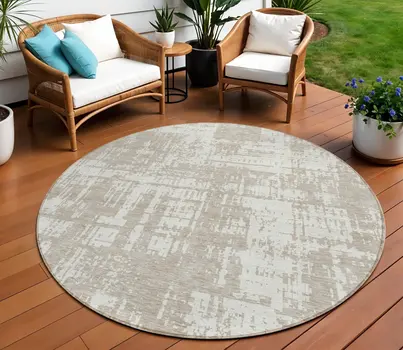 8' Taupe And Ivory Round Abstract Washable Indoor Outdoor Area Rug