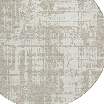 8' Taupe And Ivory Round Abstract Washable Indoor Outdoor Area Rug