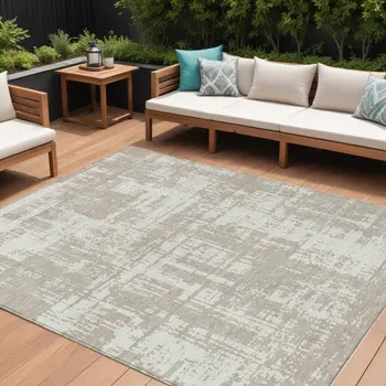 9' X 12' Taupe And Ivory Abstract Washable Indoor Outdoor Area Rug