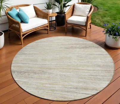 8' Beige Brown And Ivory Round Striped Washable Indoor Outdoor Area Rug