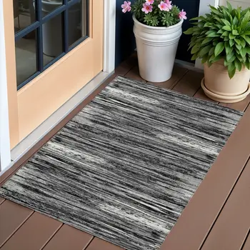 3' X 5' Black And Ivory Striped Washable Indoor Outdoor Area Rug