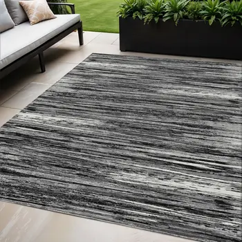 5' X 8' Black And Ivory Striped Washable Indoor Outdoor Area Rug