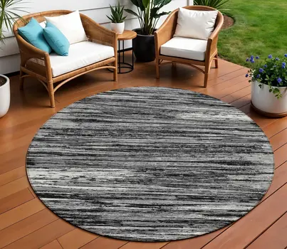 8' Black And Ivory Round Striped Washable Indoor Outdoor Area Rug