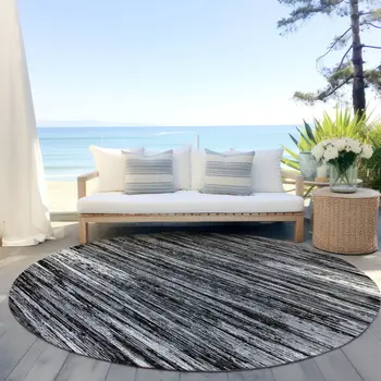 8' Black And Ivory Round Striped Washable Indoor Outdoor Area Rug