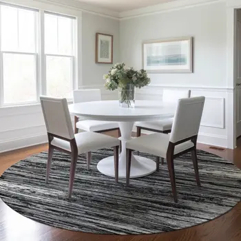 8' Black And Ivory Round Striped Washable Indoor Outdoor Area Rug