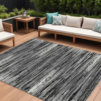 10' X 14' Black And Ivory Striped Washable Indoor Outdoor Area Rug