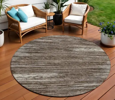 8' Brown And Ivory Round Striped Washable Indoor Outdoor Area Rug