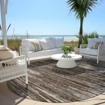 8' Brown And Ivory Round Striped Washable Indoor Outdoor Area Rug