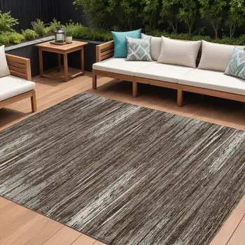10' X 14' Brown And Ivory Striped Washable Indoor Outdoor Area Rug