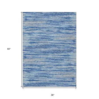 3' X 5' Blue Gray And Ivory Striped Washable Indoor Outdoor Area Rug