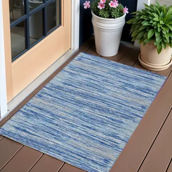 3' X 5' Blue Gray And Ivory Striped Washable Indoor Outdoor Area Rug