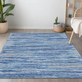 3' X 5' Blue Gray And Ivory Striped Washable Indoor Outdoor Area Rug
