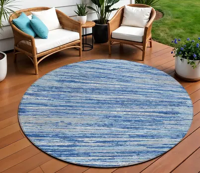 8' Blue Gray And Ivory Round Striped Washable Indoor Outdoor Area Rug