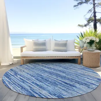 8' Blue Gray And Ivory Round Striped Washable Indoor Outdoor Area Rug