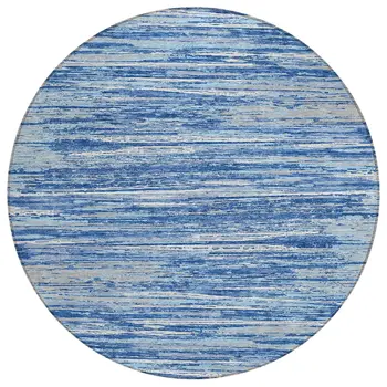 8' Blue Gray And Ivory Round Striped Washable Indoor Outdoor Area Rug