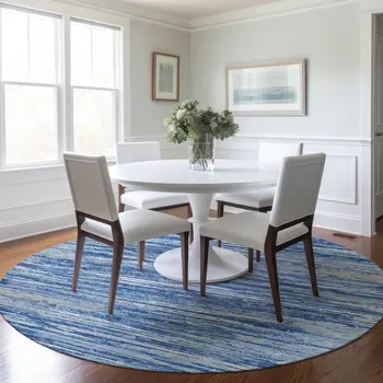 8' Blue Gray And Ivory Round Striped Washable Indoor Outdoor Area Rug