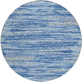 8' Blue Gray And Ivory Round Striped Washable Indoor Outdoor Area Rug