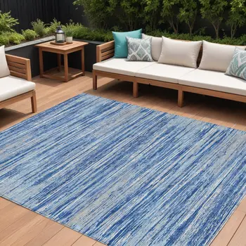 8' X 10' Blue Gray And Ivory Striped Washable Indoor Outdoor Area Rug