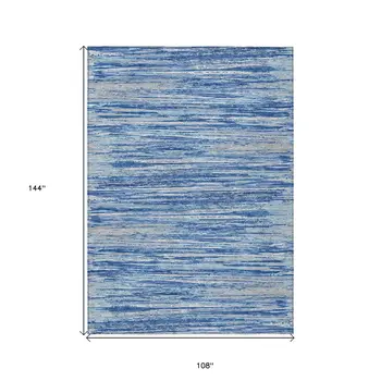 9' X 12' Blue Gray And Ivory Striped Washable Indoor Outdoor Area Rug