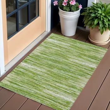 3' X 5' Green And Ivory Striped Washable Indoor Outdoor Area Rug
