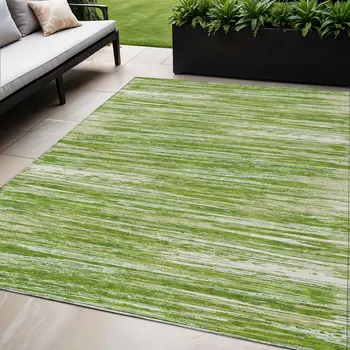 5' X 8' Green And Ivory Striped Washable Indoor Outdoor Area Rug