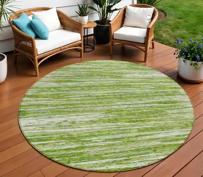8' Green And Ivory Round Striped Washable Indoor Outdoor Area Rug
