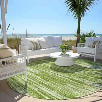 8' Green And Ivory Round Striped Washable Indoor Outdoor Area Rug
