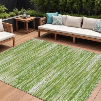 8' X 10' Green And Ivory Striped Washable Indoor Outdoor Area Rug