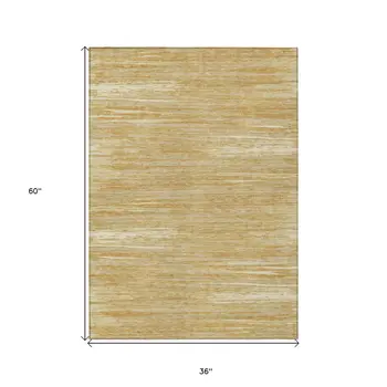 3' X 5' Gold Gray And Ivory Striped Washable Indoor Outdoor Area Rug