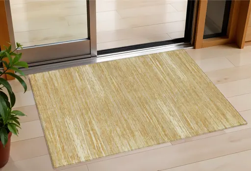 3' X 5' Gold Gray And Ivory Striped Washable Indoor Outdoor Area Rug
