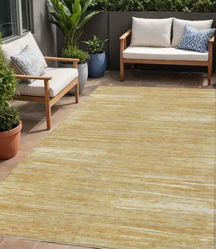 5' X 8' Gold Gray And Ivory Striped Washable Indoor Outdoor Area Rug