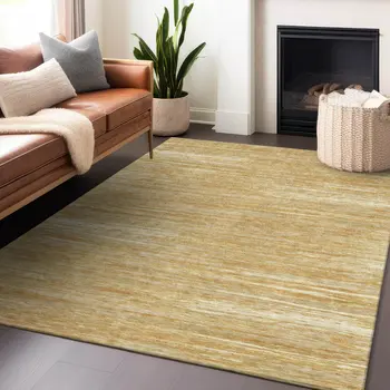 5' X 8' Gold Gray And Ivory Striped Washable Indoor Outdoor Area Rug
