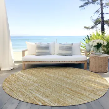8' Gold Gray And Ivory Round Striped Washable Indoor Outdoor Area Rug